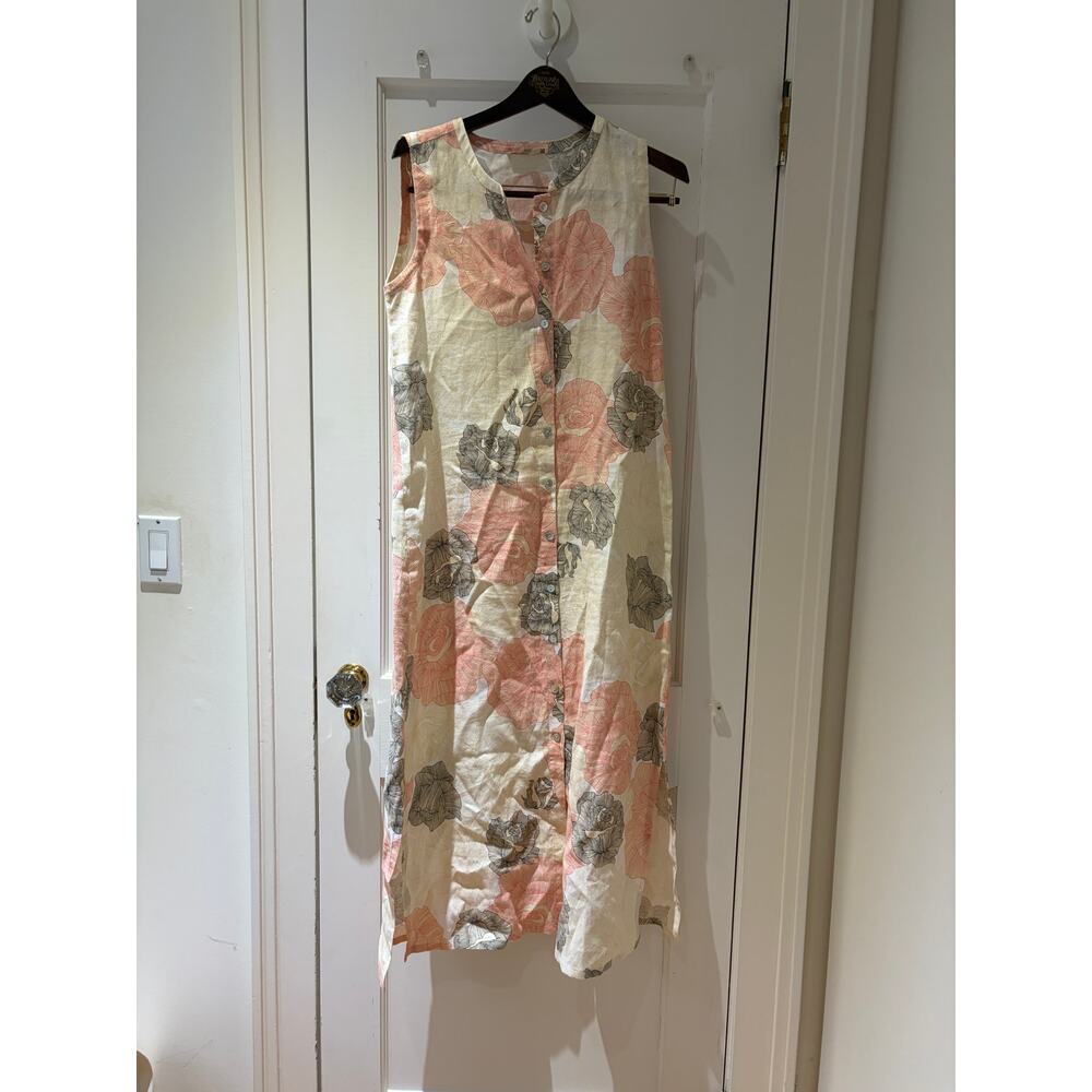 Joan Vass Linen Maxi Dress Size Medium Floral Sleeveless Peach and Gray Flowers - Picture 2 of 7